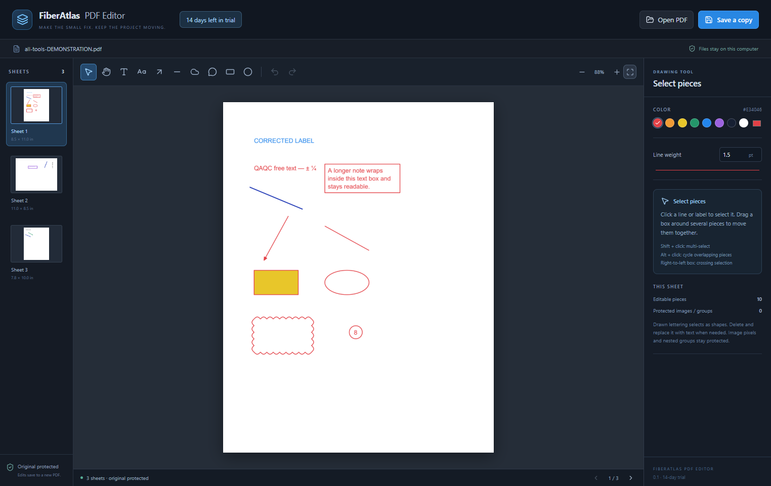 FiberAtlas PDF Editor with a fictional demonstration sheet, drawing tools, sheet thumbnails, and color controls