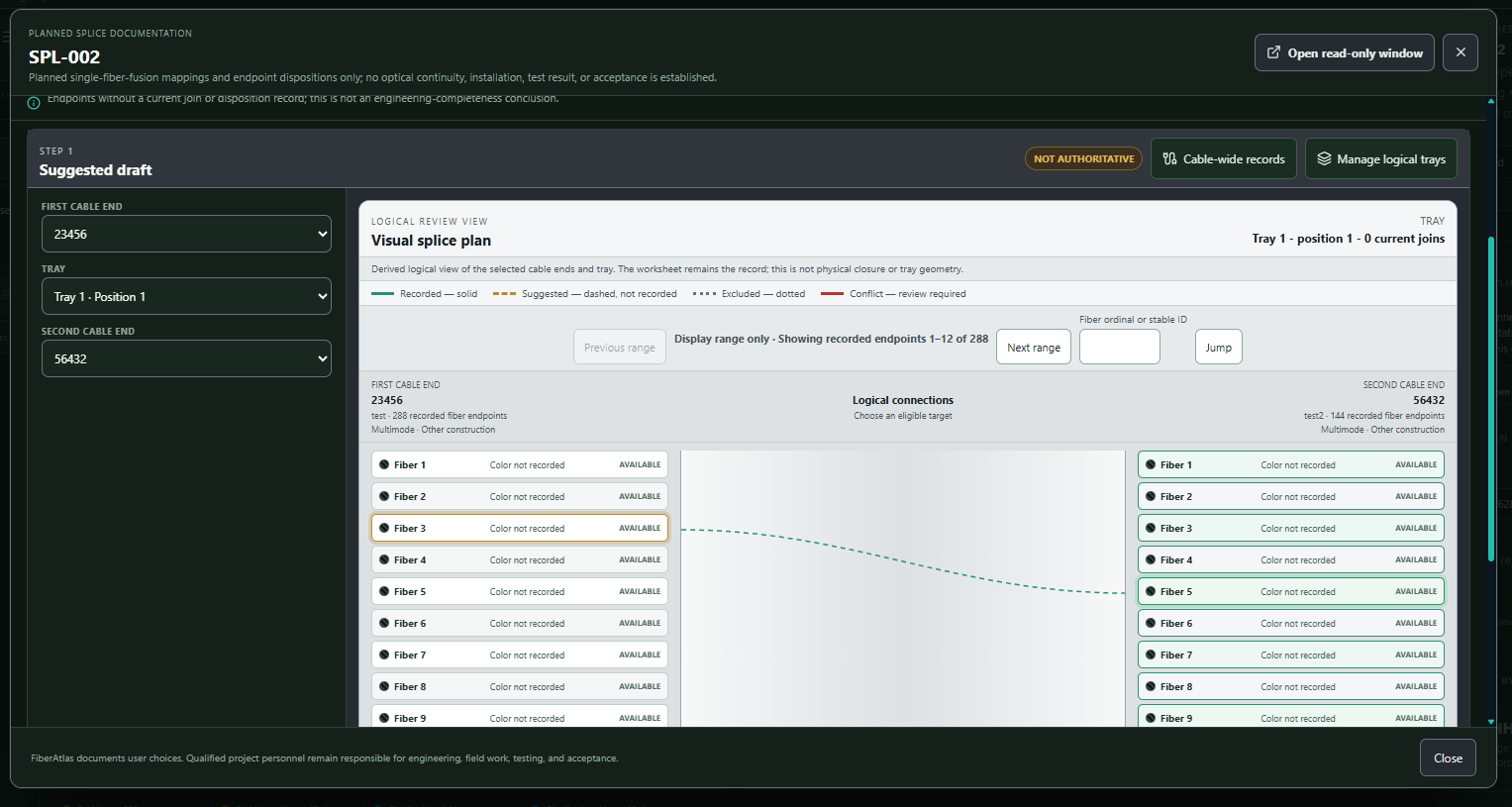 FiberAtlas planned splice documentation workspace showing cable ends, logical tray selection, strand rows, and a visible suggested connection